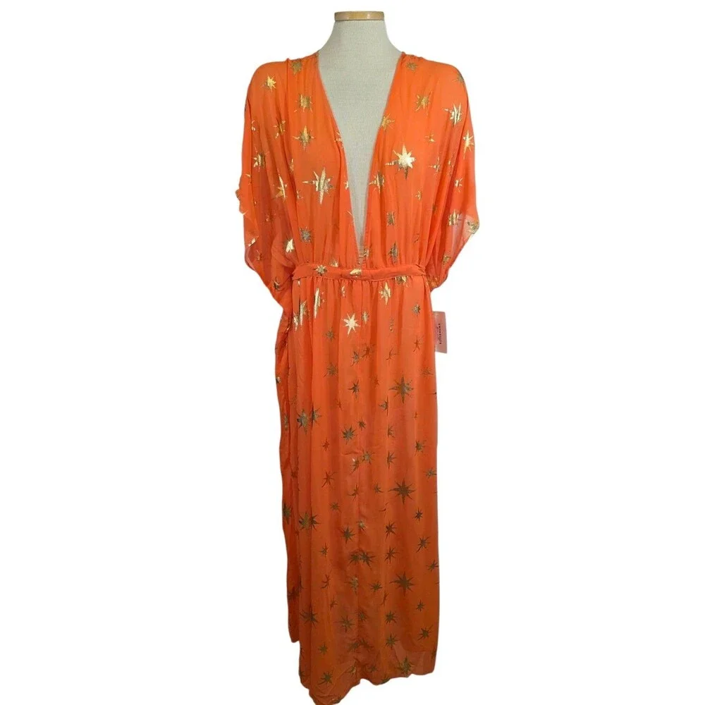 Swimsuits For All Womens 22/24  Orange Gold Foil Chiffon Maxi Cover Up Dress NWT